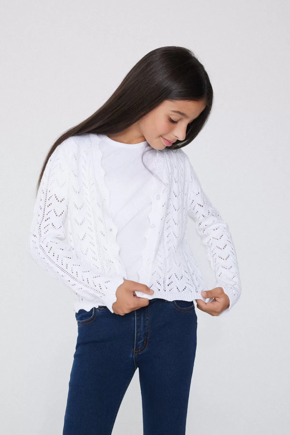 Tezenis Cardigan Delicato per Bambine con Maniche Lunghe e Ricami Traforati