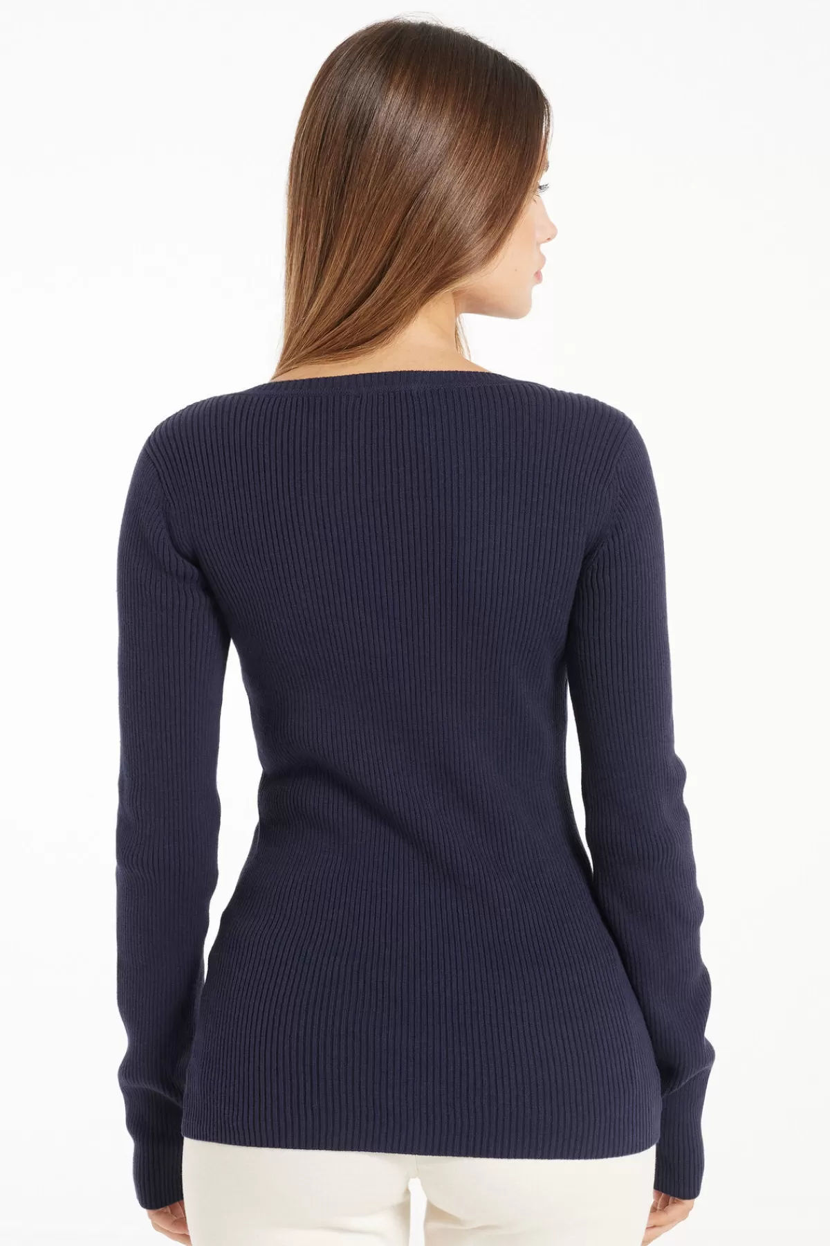 Tezenis Maglione Donna con Scollo a V e Maniche Lunghe - Intreccio a Costine in Cotone Puro per Comfort Naturale